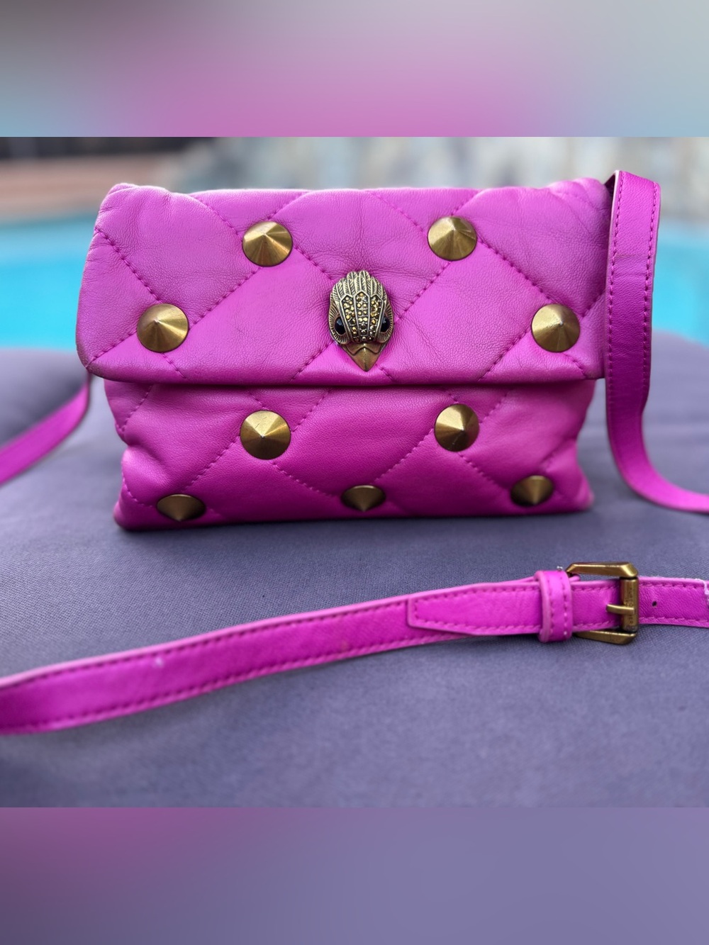 Kurt Geiger London Pink Quilted Leather Studded Eagle Crossbody Bag